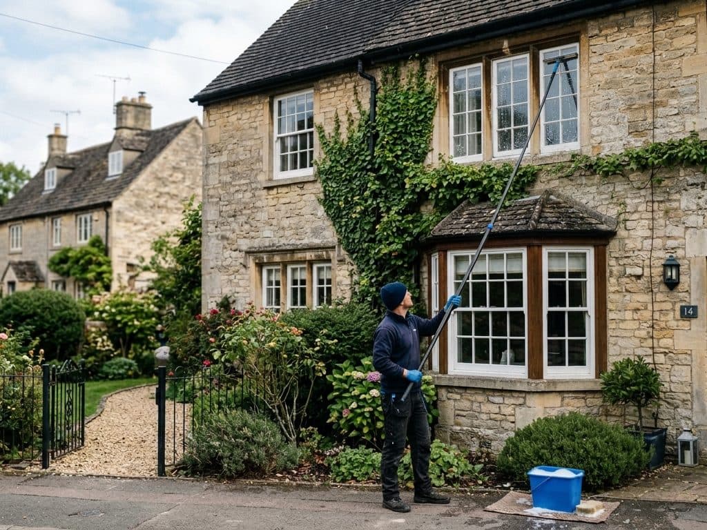 A Tasker cleaning the windows of a home